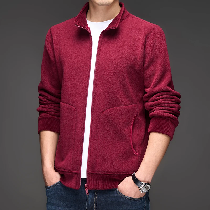 Jaket kerah berdiri baru yang nyaman untuk musim gugur dan musim dingin dari merek fashion, jaket cardigan berbahan beludru berkualitas tinggi yang hangat dan laris dengan ritsleting untuk pria.