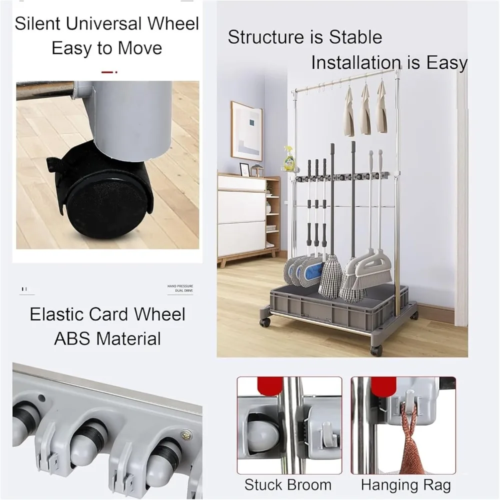 مكنسة وممسحة قائمة على الأرض لأدوات التنظيف ومنظم تخزين أدوات الحديقة