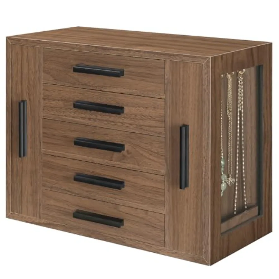 

5-Tier Jewelry Box Wooden Jewelry Organizer with Transparent Windows Jewelry Storage Box with 2 Vertical Drawers for Earring Ne