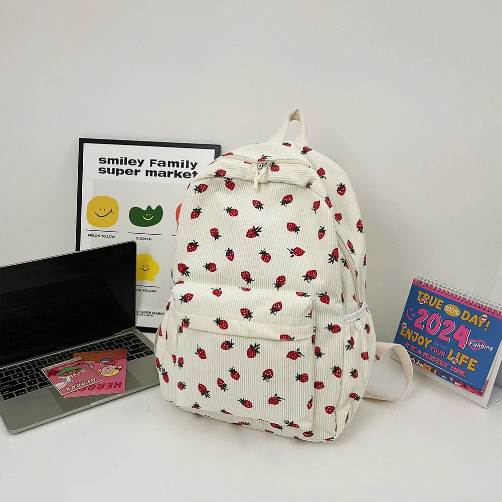 

Corduroy Strawberry Backpack Casual Travel Backpack Multi-pockets Fashion Teenagers Daypack Adjustable Strap for Women Girls
