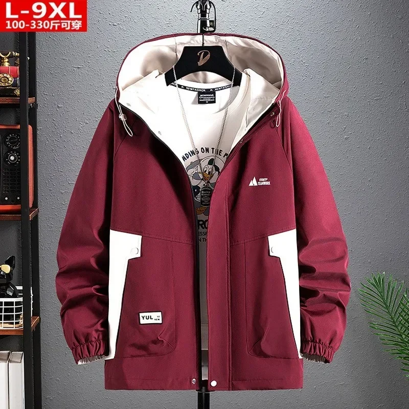 Spring Autum Men's Clothing Handsome Boy Windbreaker Dark Blue  Plus Coats Hooded Large Size 7XL 8XL 9XL Loose Casual Jackets