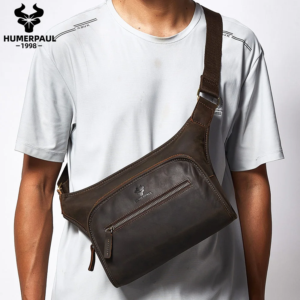 HUMERPAUL Crazy Horse Leather Waist Belt Pack for Men Classic Retro Crossbody Bag Multifunction Outdoor Mobile Phone Bag