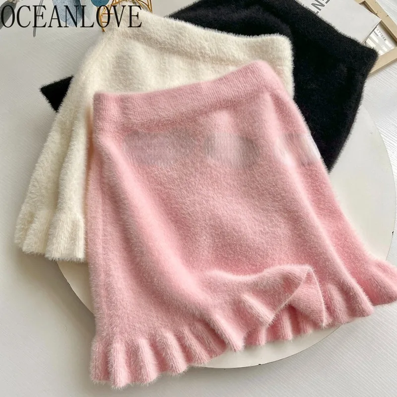 

OCEANLOVE Y2k Ruffles Knitting Women Skirts Mink Cashmere Solid Thick Autumn Winter Faldas Mujer Korean Fashion Mini Skirt