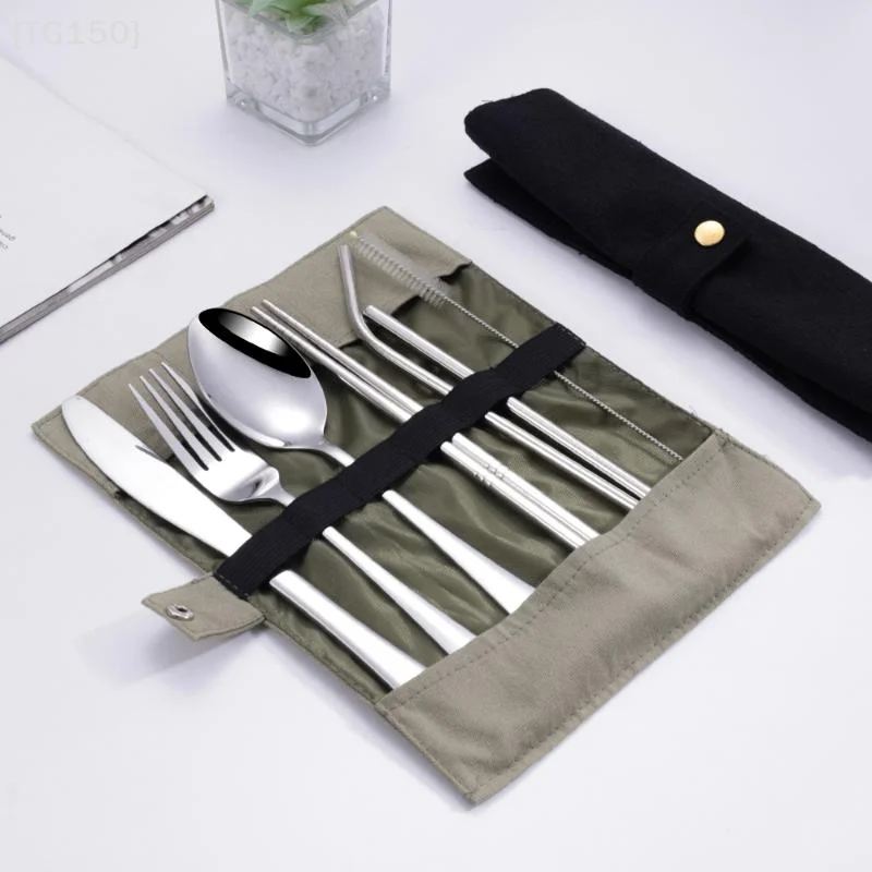 

【TG150】8Pcs Portable Stainless Steel Travel Cutlery Set - Spoon Fork Chopsticks Straw Brush Case Camping Utensils【WT】
