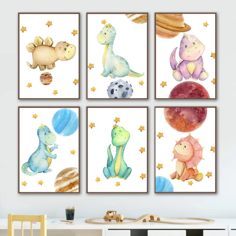 

6Pcs /Set Kawaii Cartoon Animal Dinosaur Canvas Posters, Art Wall, Nordic Children's Room, Nursery Decoration, Home Decoration