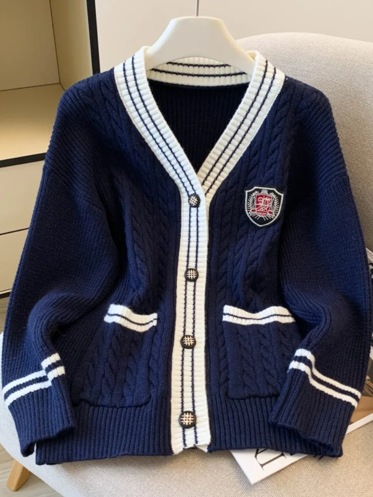 

V-Ne вязаный свитер, пальто, женское осенне-зимнее свободное пальто, повседневная корейская версия, дизайн с вышивкой на пуговицах