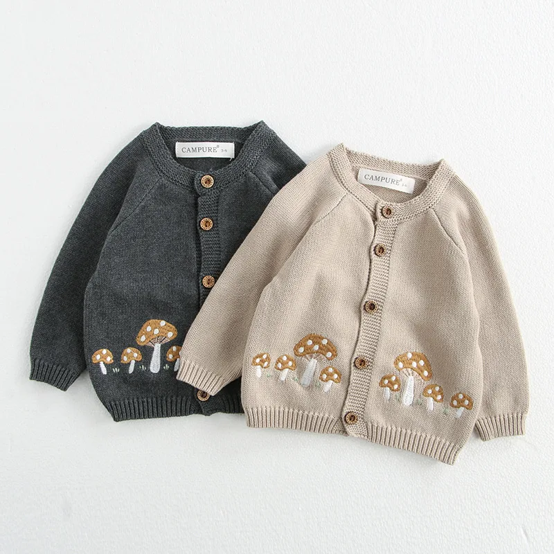 2024 Autumn Baby Sweater Infant Girls Knitwear Mushroom Embroidery Cardigan Toddler Boys Knitted Coat Optional Bodysuit With Hat