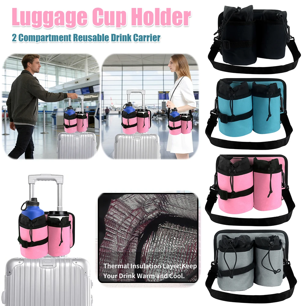 

2 Compartment Luggage Cup Holder with Adjustable Strap Fits Roll Suitcase Handles for Flight Attendants Travel Accessories Gifts