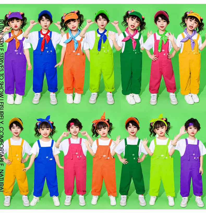 Kinder Hip-Hop-Latzhose, bunte Patchwork-Latzhose, Candy-Farben-Overall für Jungen und Mädchen, Street-Dance-Strampler, Kinder-Streetwear – Detail 3