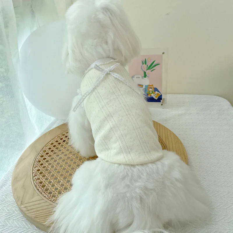 Pet White Leggings Jacquard Vertical Strip Vest Pet Clothes Puppy Cat Lace Cotton Clothes Yorkshire Terrier Service Dog Vest