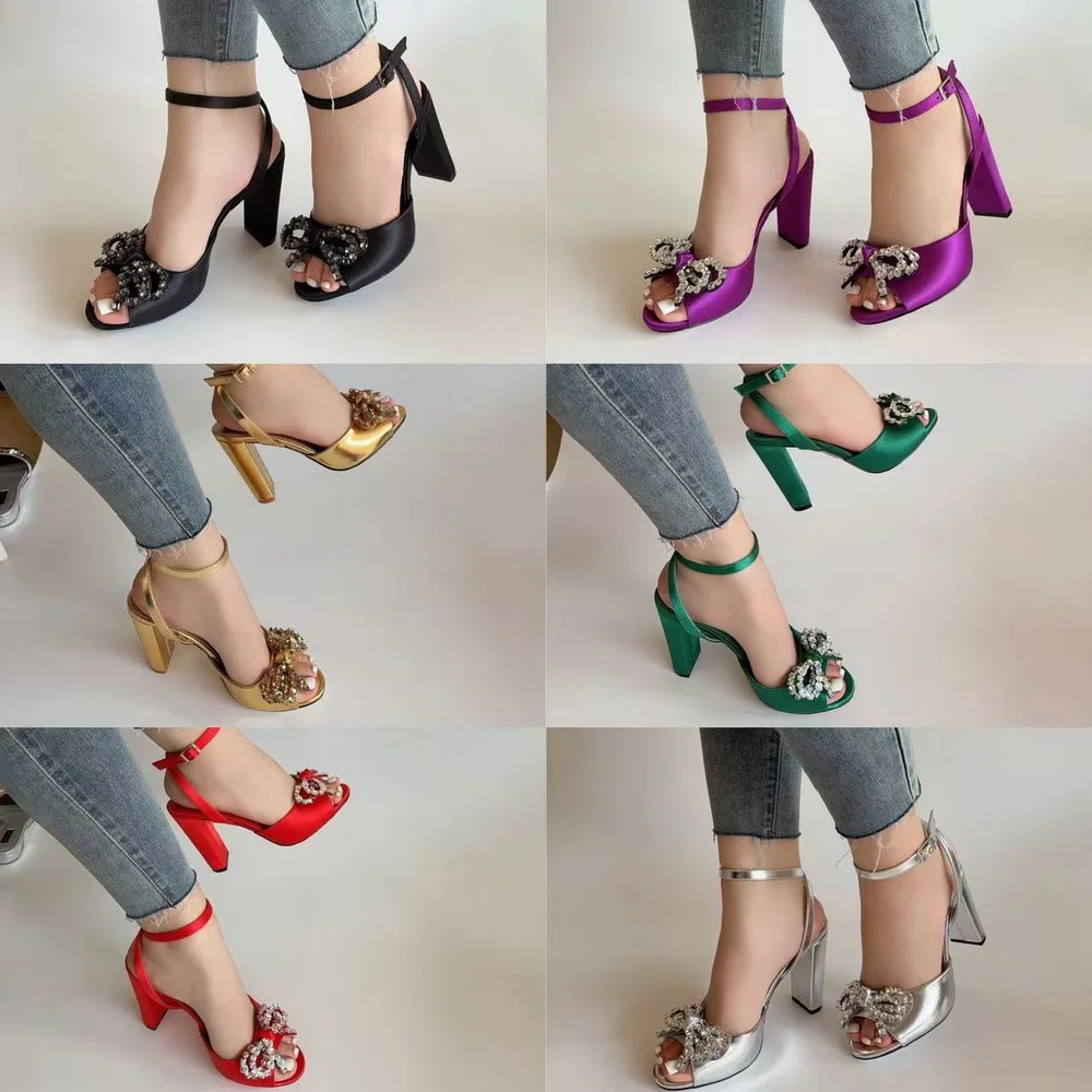 8cm Thick High Heeled Sandals,Sexy Rhinestone Bowtie Summer Shoes,Ankle Buckle Strap,Size 37-42,Green,Purple,Gold,Red,Dropship