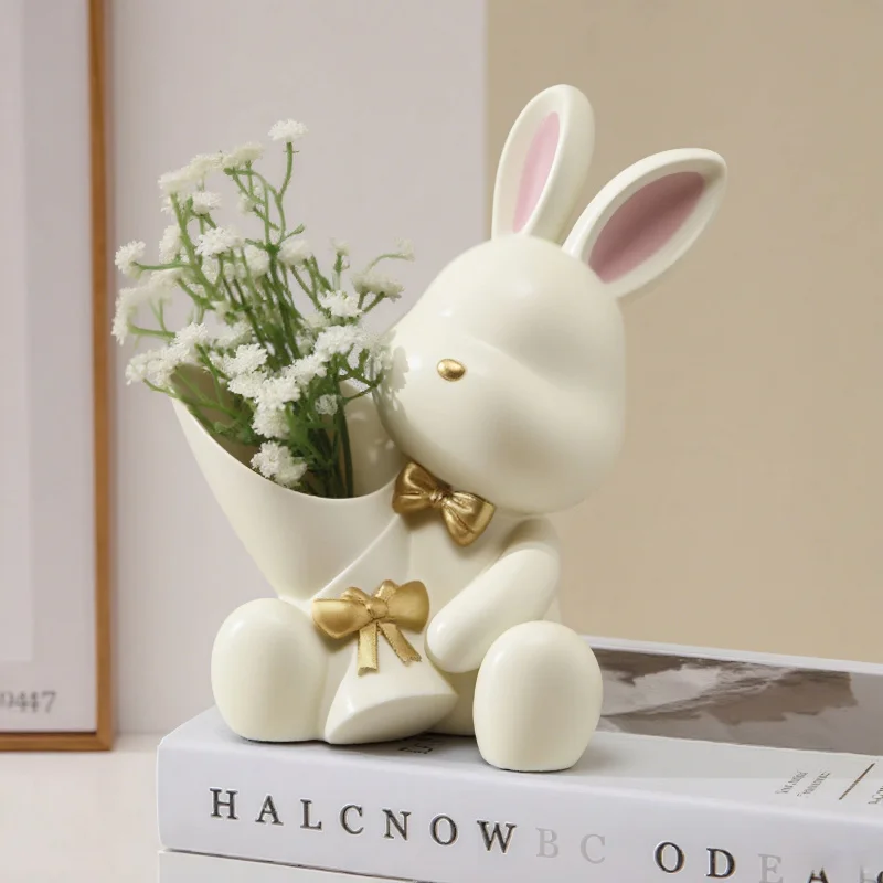 Bouquet-holding Rabbit Resin Vase Tabletop Decorative Statue Ornament Animal Art Home Decoration