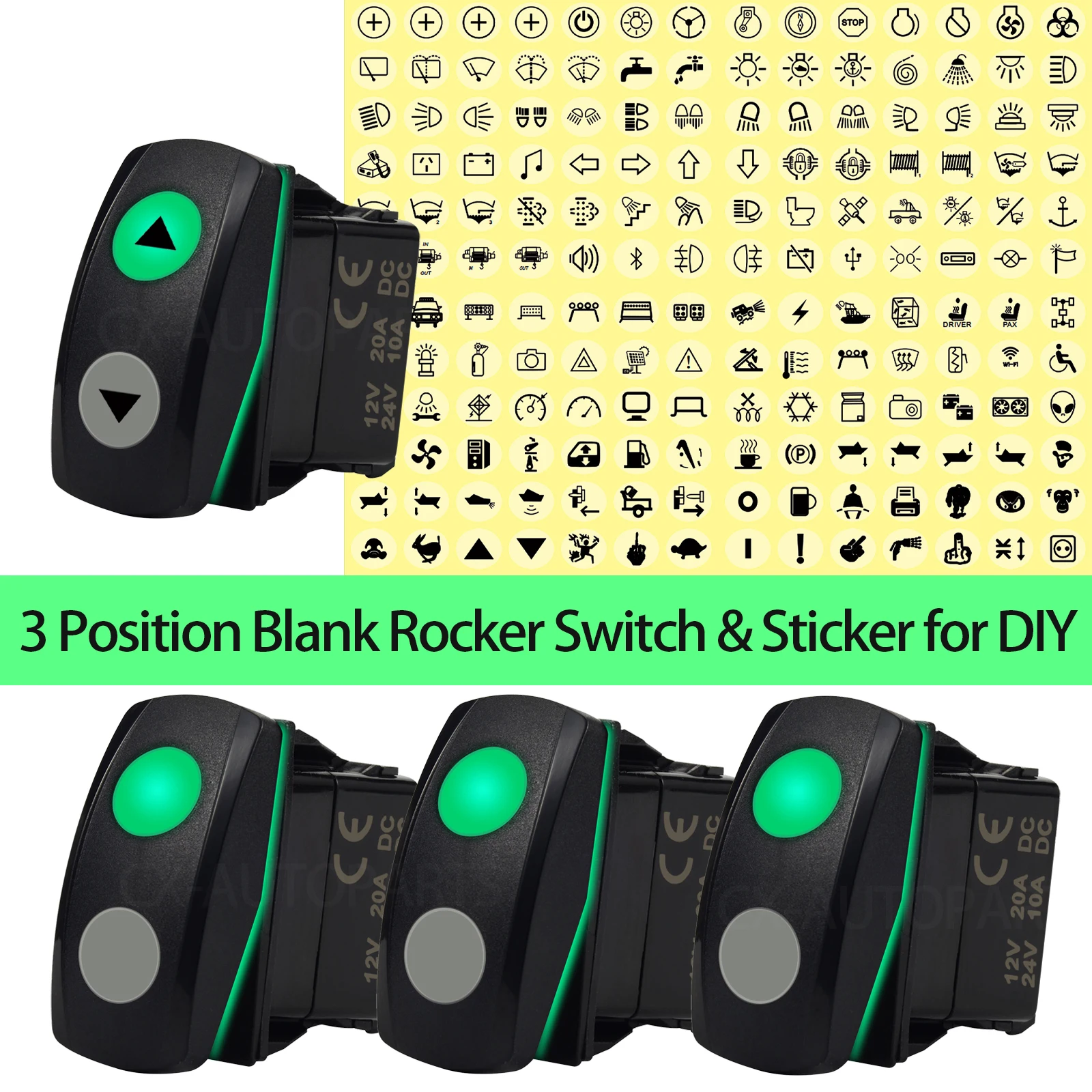 

12 В 24 В кулисный переключатель зеленого света, 3 положения ВКЛ ВЫКЛ/мгновенный тумблер с наклейкой «сделай сам» для автомобиля, квадроцикла, UTV, лодки, трактора