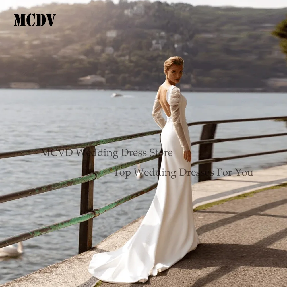 MCDV 섹시한 웨딩 드레스 백리스 풀 슬리브 새틴 인어 페르시 신부 가운 맞춤형 스윕 트레인 우아한 로브 드 마리에