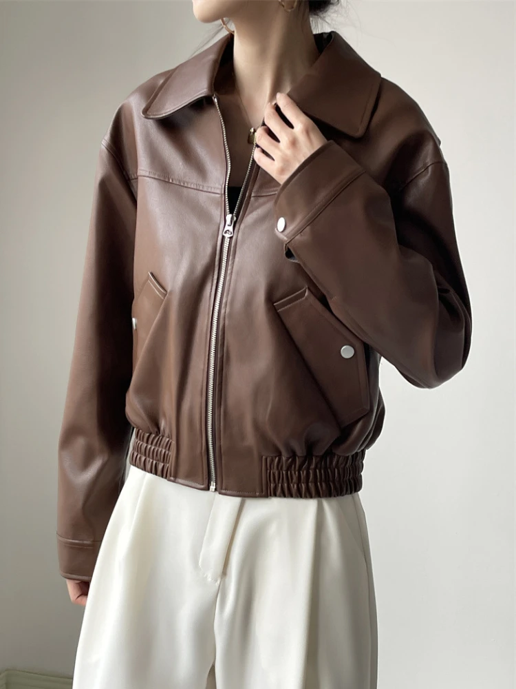 Vintage PU Leather Coat for Women Spring Autumn 2024 Trend Simple Solid Lapel Zipper Cropped Motorcycle Leather Jacket