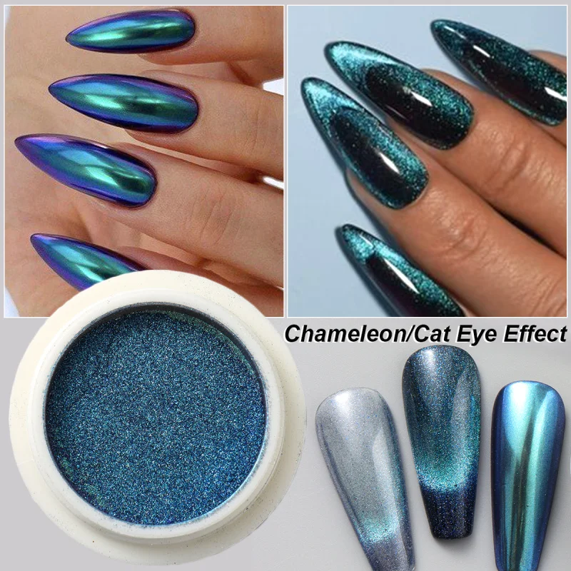 Y2k olho de gato cromo prego em pó espelho de metal camaleão brilho magnético brilhante efeito galáxia fricção pigmento flocos manicure decoração