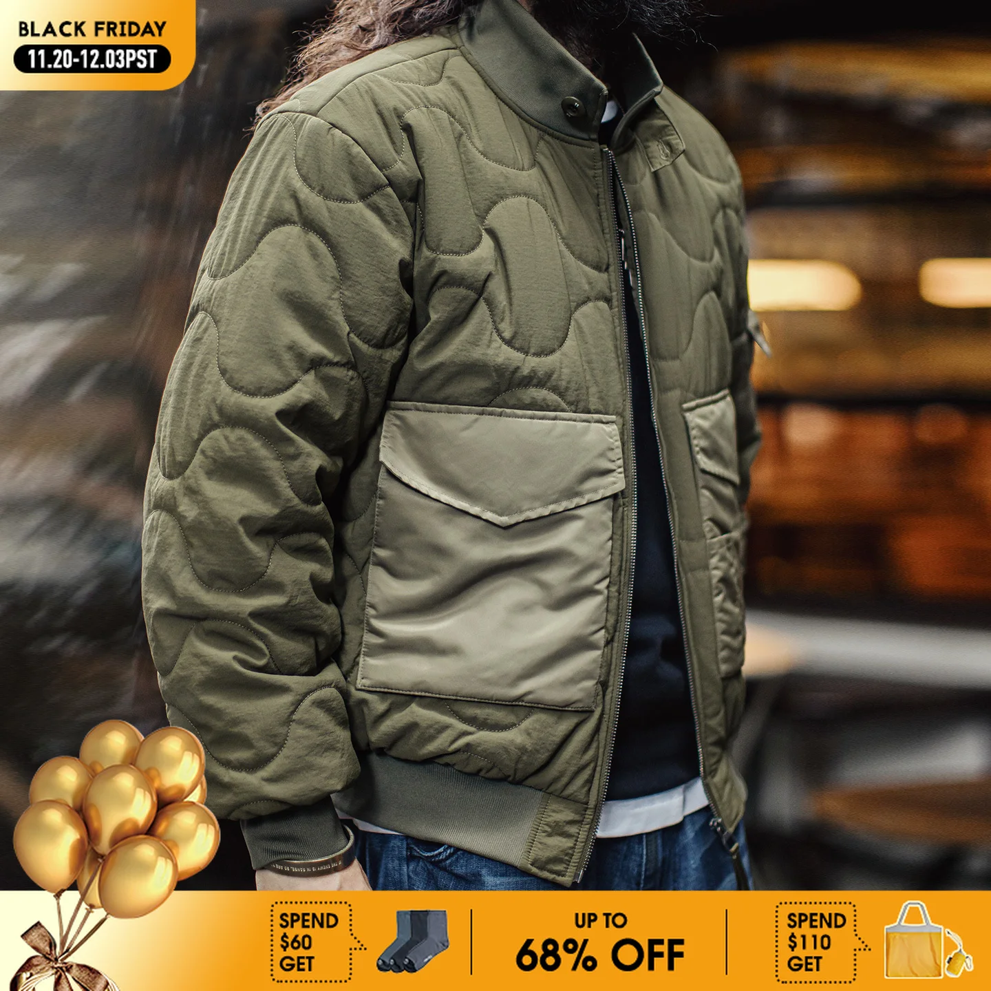 

Винтажная мужская стеганая куртка Maden M-51, армейская зеленая куртка с большим карманом и хлопковым наполнителем, короткое пальто с воротником-стойкой, термобелье на зиму