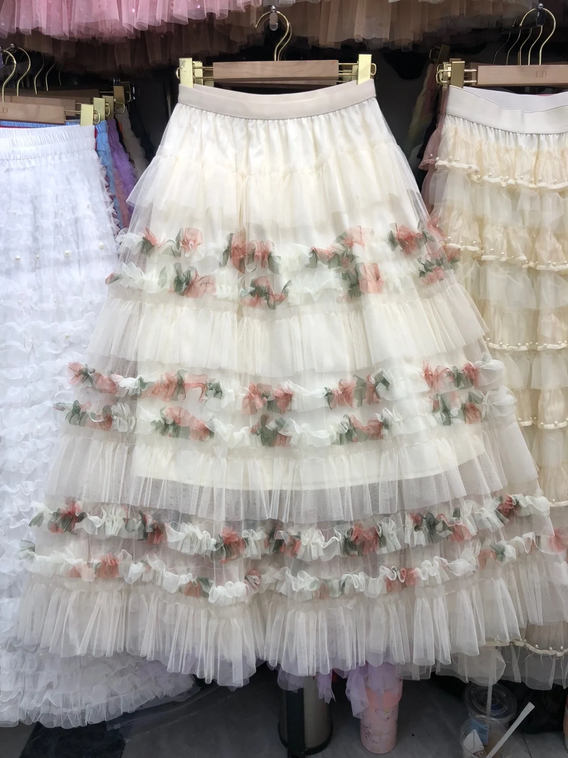 Heavy Embellished Floral Cake Skirt High Waist Half-length A-line Gown with Lace Trim Polyester Fiber Summer New Style for Women