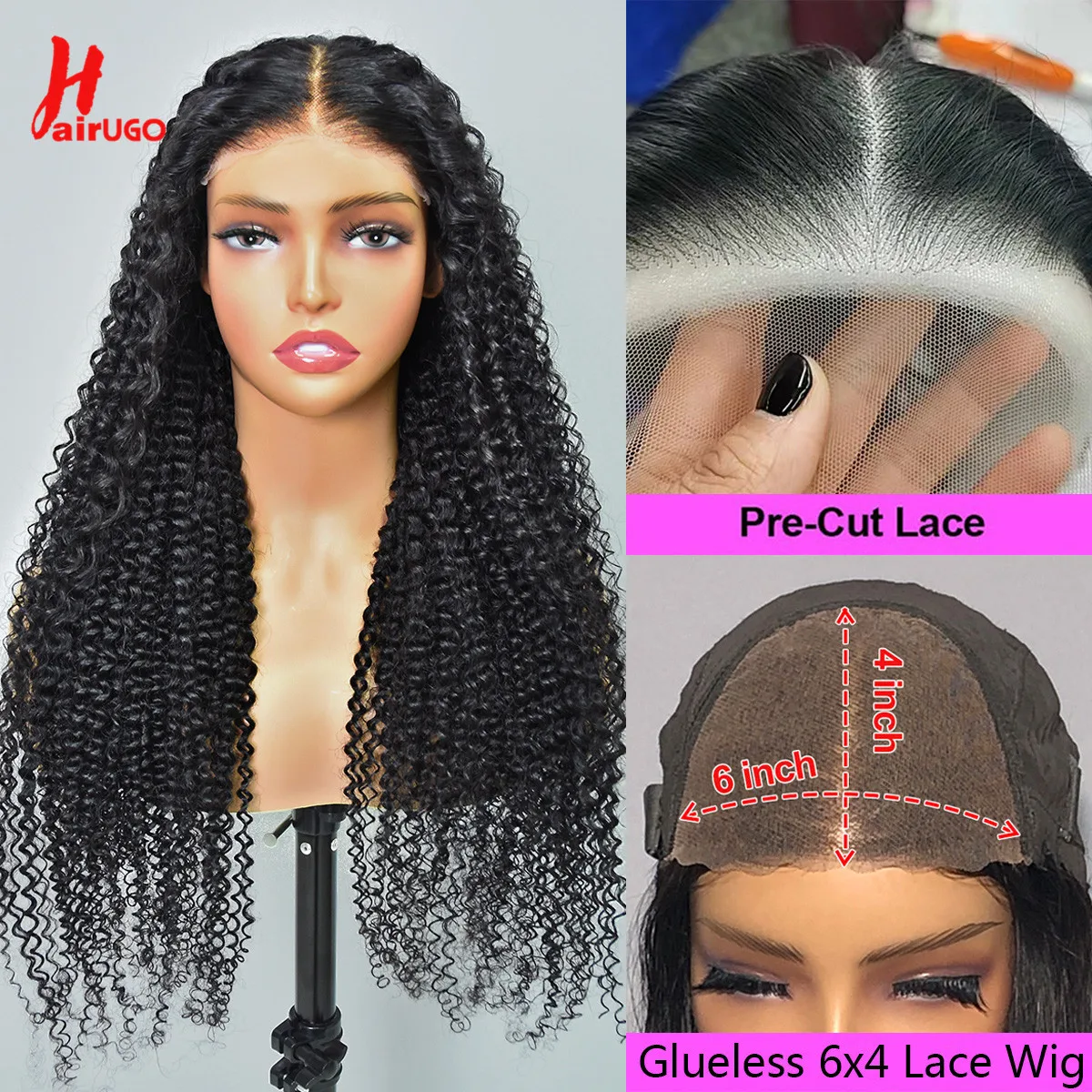 

Kinky Curly 6x4 Glueless Lace Wigs Ready To wear Preplucked Kinky Curly Lace Wigs Glueless Afro Curly Human Hair Wigs 20-32"