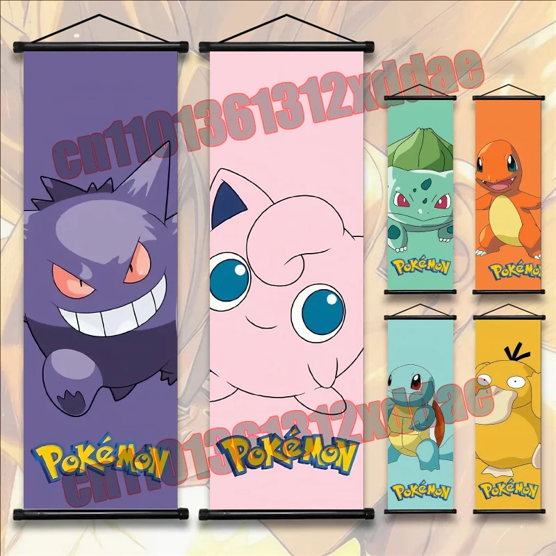 

Printed Pokemon Poster Cartoon Wall Artwork Gengar, Squirtle, Bulbasaur, Pikachu, Mew, Hanging Scroll Family Room Decoration