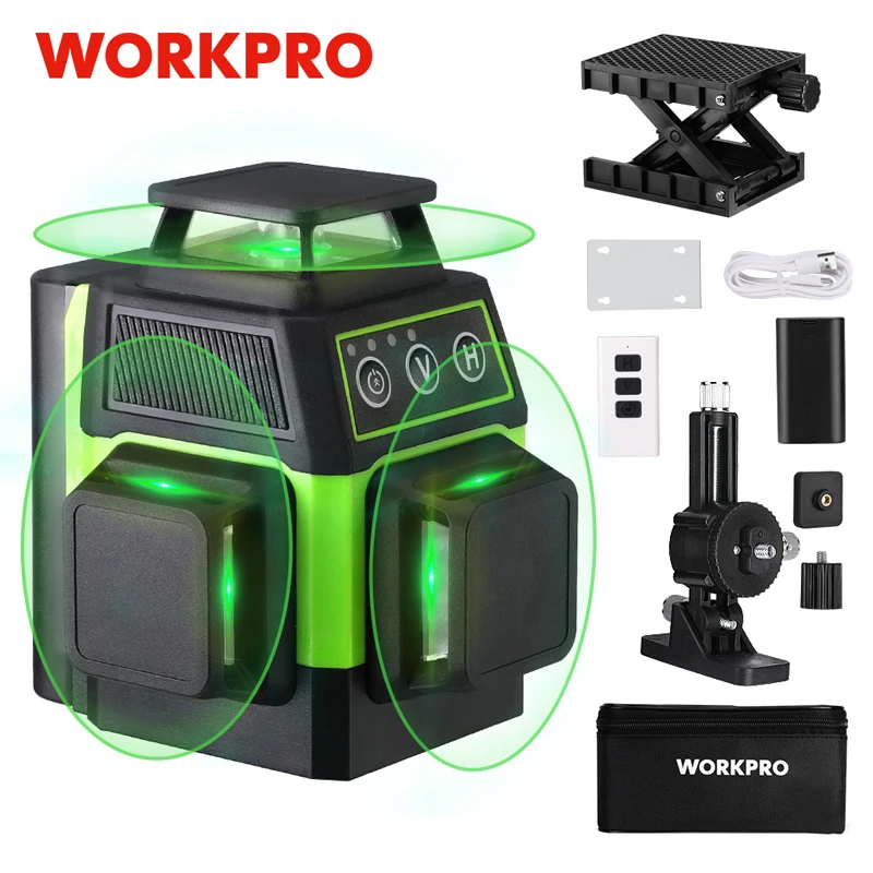 WORKPRO 3x360° 12 Lines Professional Laser Level Self Leveling Green Laser Level Kit 2 Mode Precision Measuring Instrument Tools