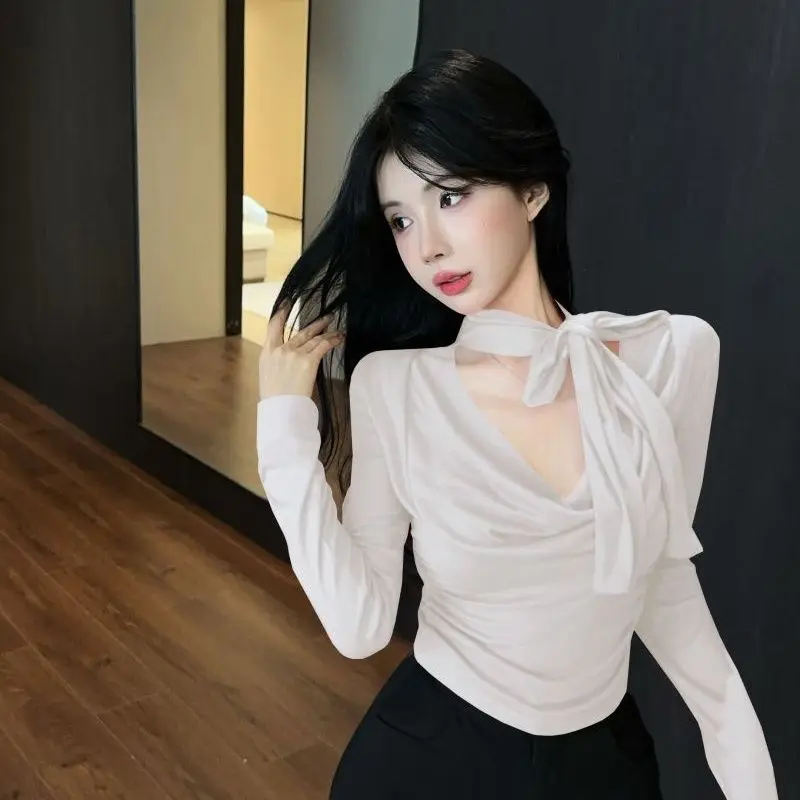 

Temperament Slim Pleated T Shirts Solid Long Sleeve Simplicity Sexy Pullovers Top Spring Autumn New Fashion Korean Women Clothes
