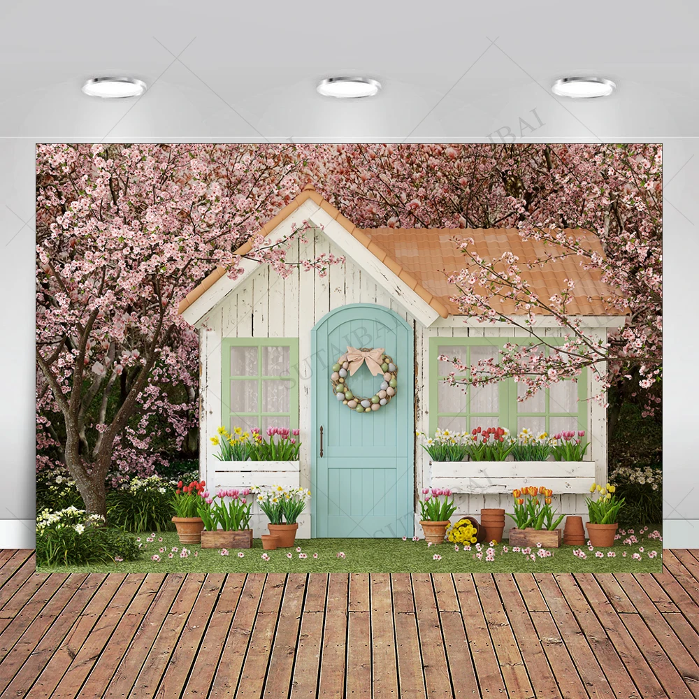 

Happy Easter Farm Rabbit Decor Photography Backdrops Rustic Wood House Colorful Eggs Haystack Spring Background Photobooth