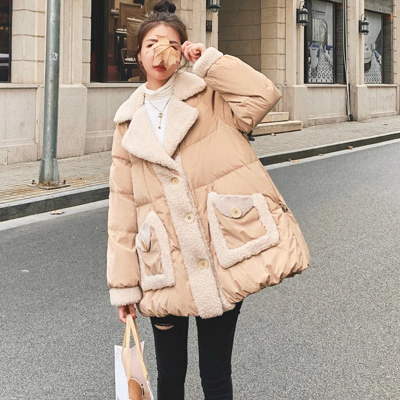 2026 Winter New Women's Down Cotton Jacket Loose Suit Collar Spliced Lamb Wool Jacket