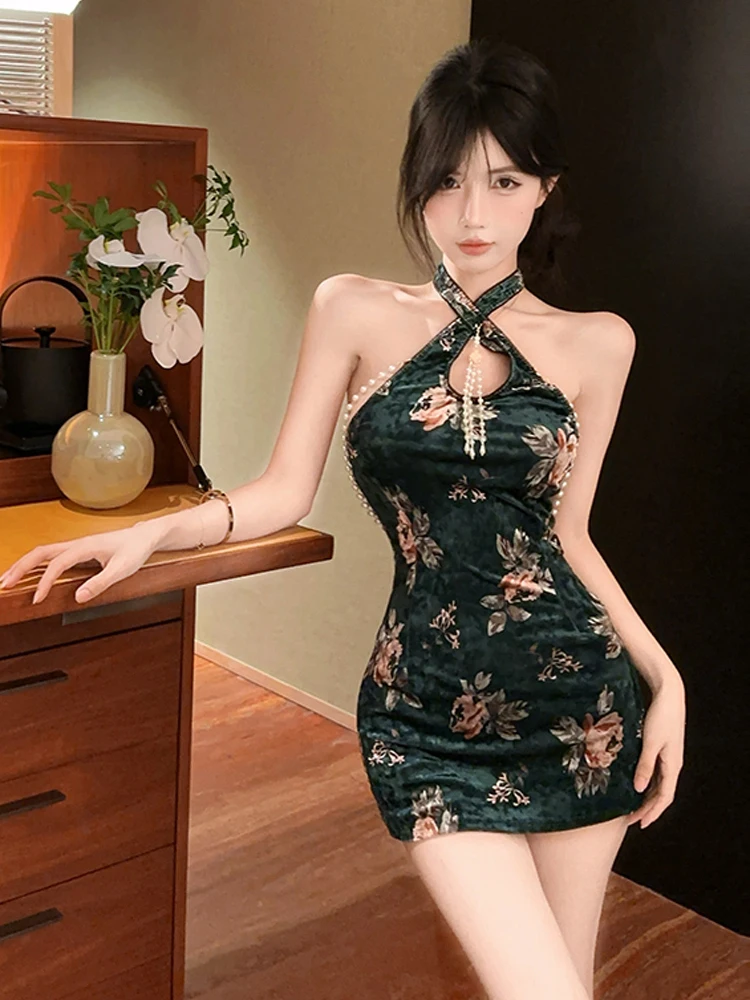 

Ele Retro Floral Pearl Silk Dr Sexy Bodycon Skirt Ne Hanging Design Women's Summer ort Dr with Belt