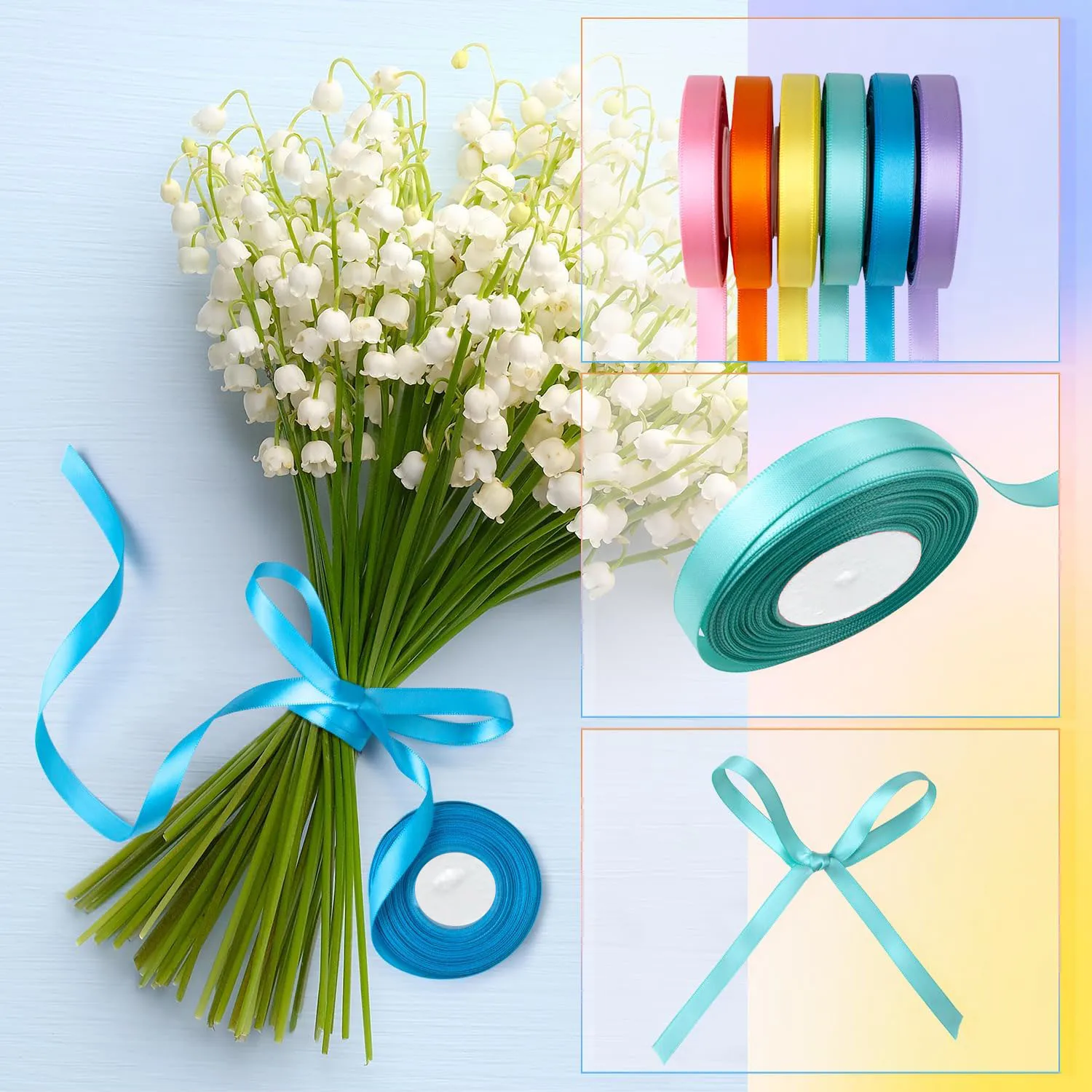 6 Rollen 150 Yards 3/8 Zoll sortiertes einfarbiges Satinband für Hochzeitseinladungen, Blumensträuße, Geburtstagsfeiern, DIY-Geschenkverpackungen – Detail 13