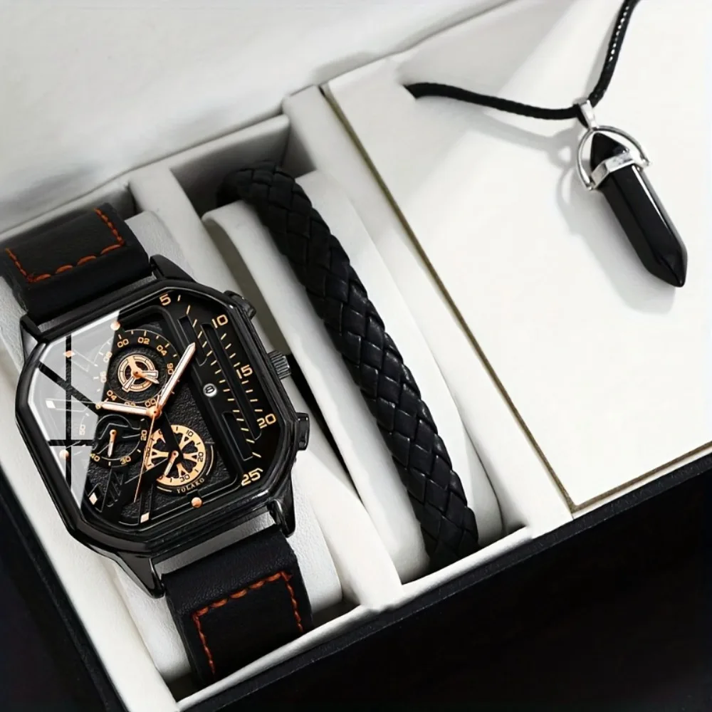 3pcs Fashion Mens Watch Alloy Analog PU Leather Strap Meal Watch Bracelet Necklace Jewelry Set Gifts for Boyfriend and Father