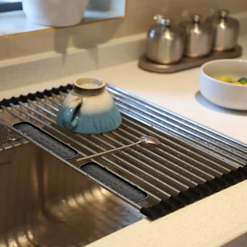 1 PCS Compact Stainless Steel Roll-Up Dish Drying Rack – Space-Saving, Multi-Functional Sink Storage, Rust-Proof & Easy Clean