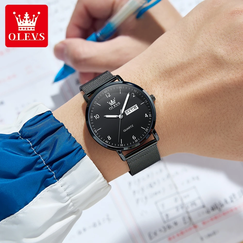 

OLEVS 2996 minimalist men's watches waterproof dual calendar luminous quartz watch for man genuine mesh belt male wristwatch