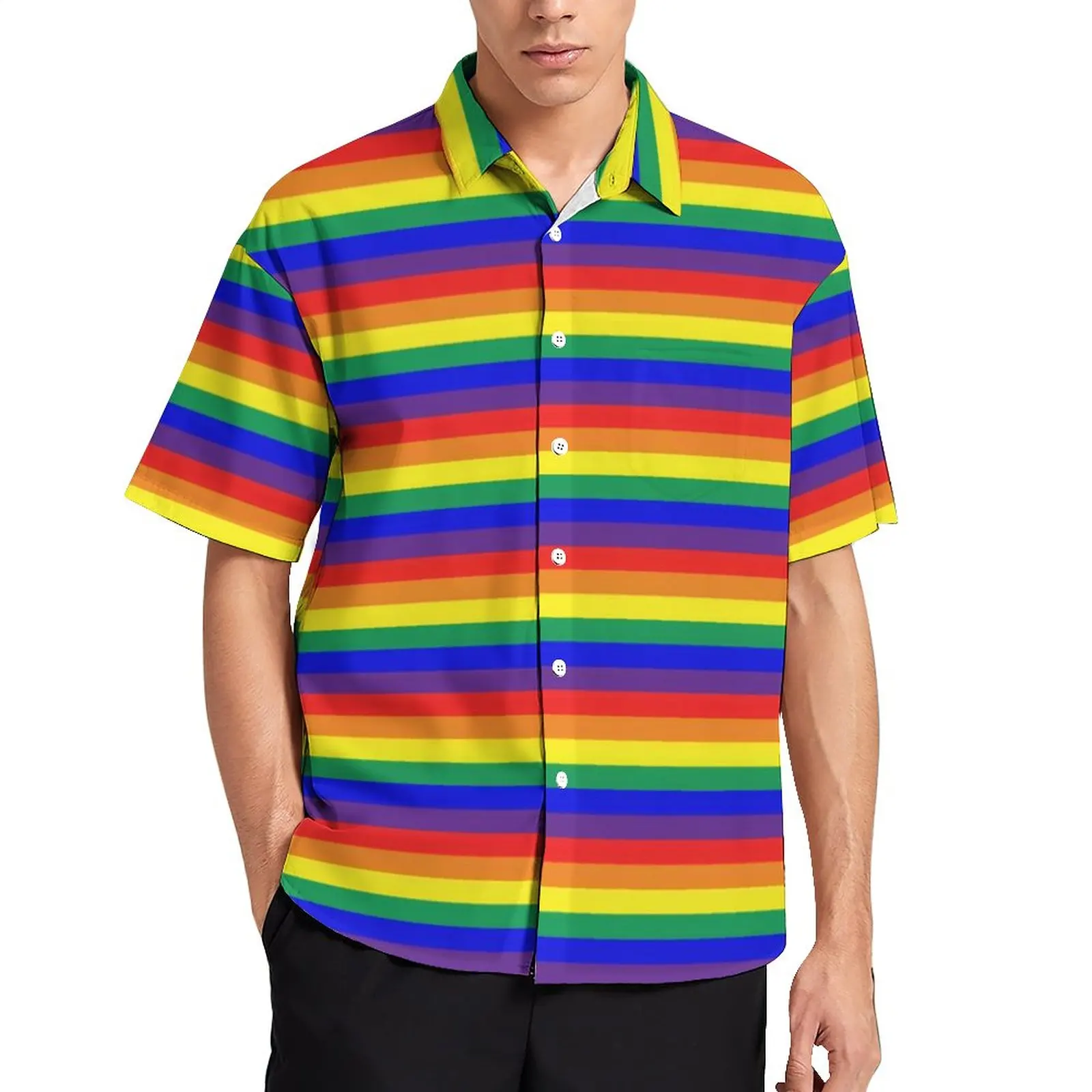 Rainbow Stripes เสื้อลําลองคลาสสิกรูปแบบเสื้อชายหาดฮาวาย Streetwear เสื้อ Man Graphic Plus ขนาด