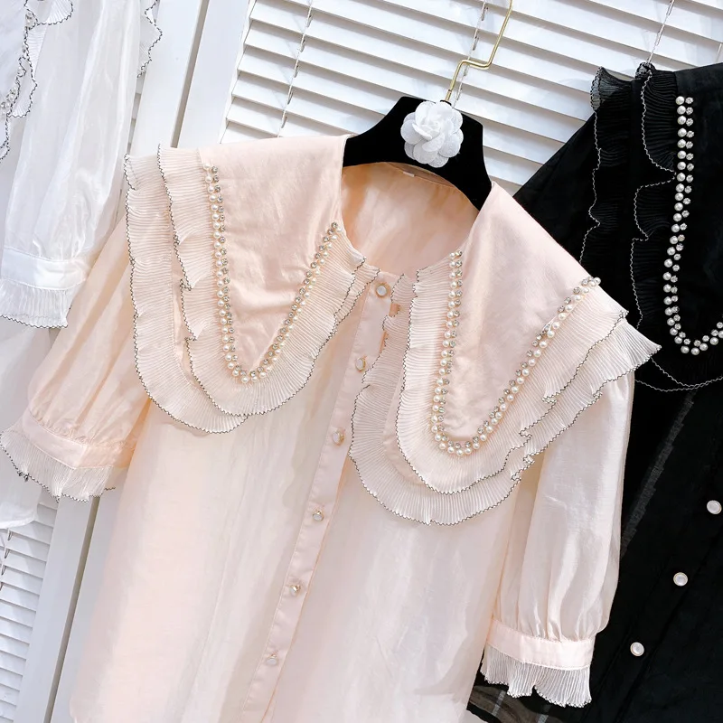 Summer Sweet Doll Collar Beaded Shirt Women's Solid Color Puff Short Sleeve Blouse Design Wooden Ear Cardigan Tops Mujer