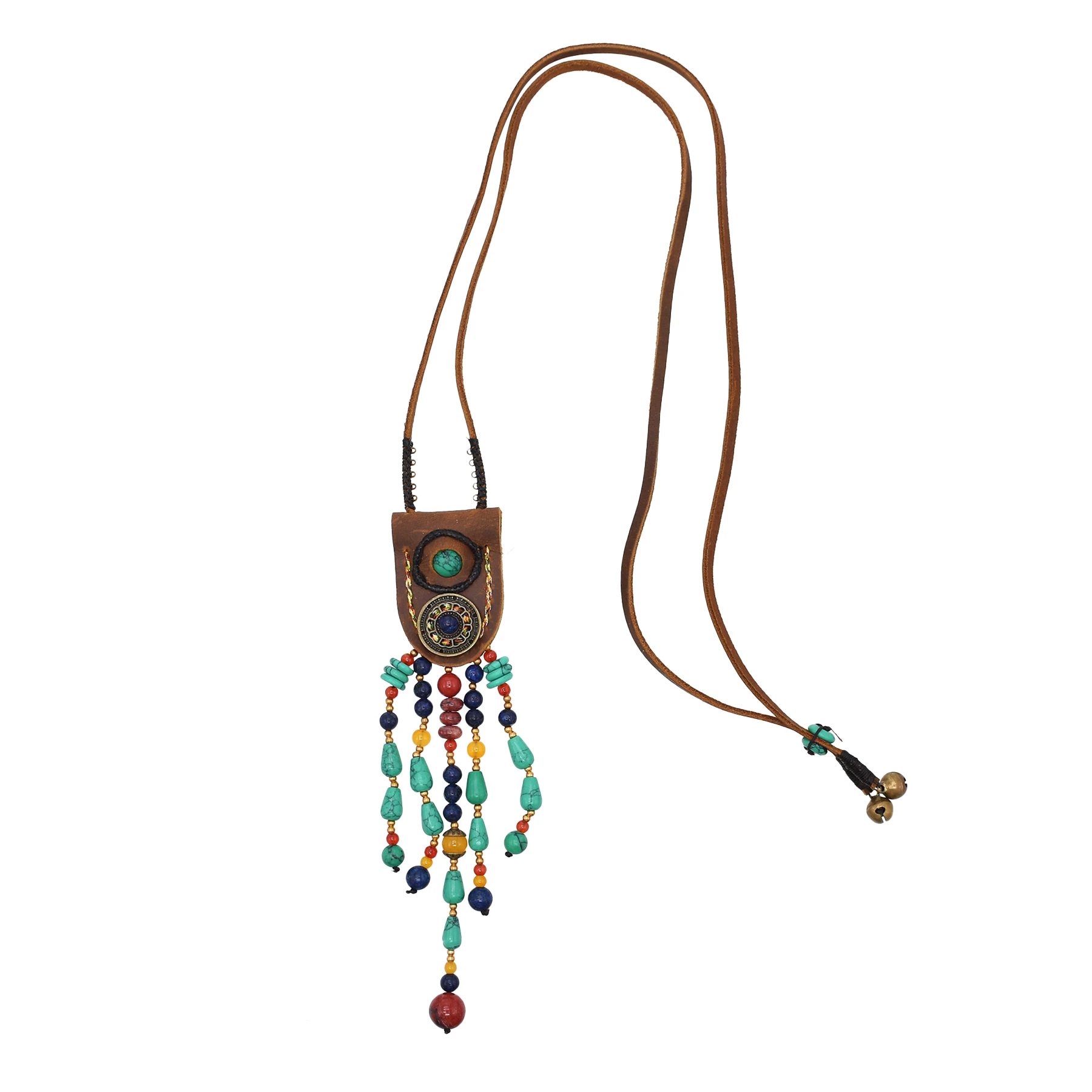 Colorful Water Drop Turquoise Long Tassel Pendant Necklace Brown Leather Tibet Traditional Ethnic Clothing Sweater Chain Jewelry