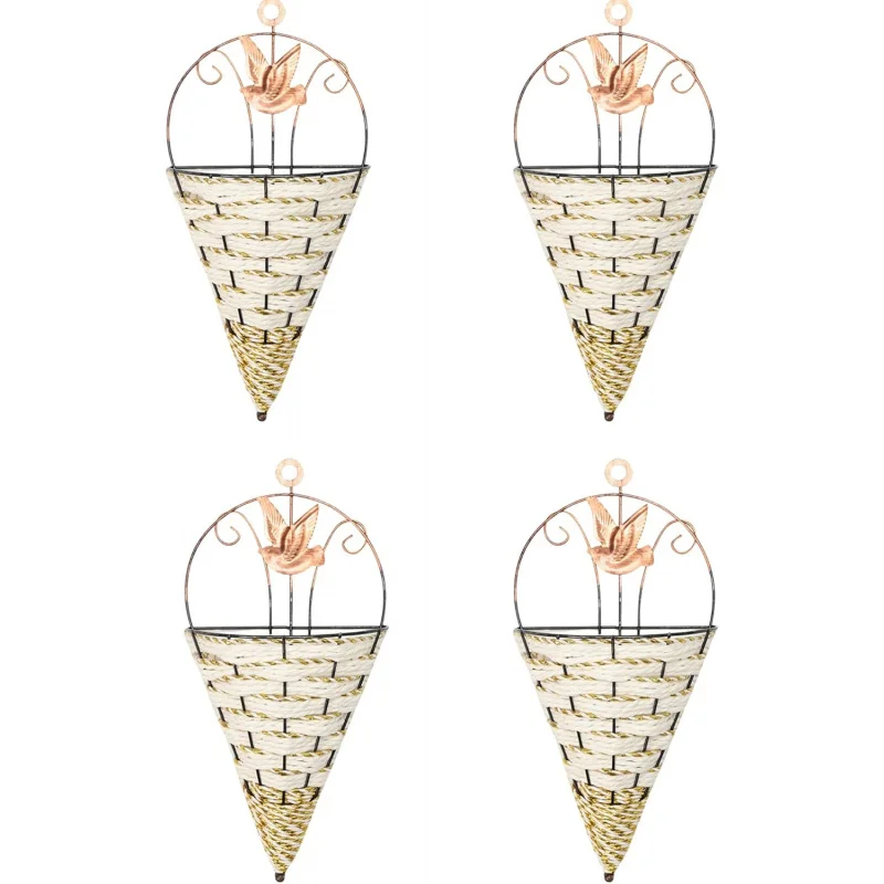 Conical Rattan Hanging Flower Baskets Farmhouse Woven Wall Planters Herb Orchid Pots Artificial Violet Baskets For Garden Decor