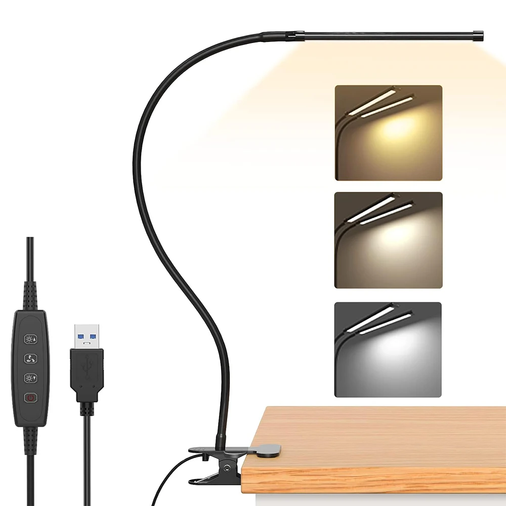 

LED Desk Lamp Clip on Light Flexible Gooseneck Clamp Light 5 Brightness Level Auto Timer Eye-Caring for Home Office Bedside Read