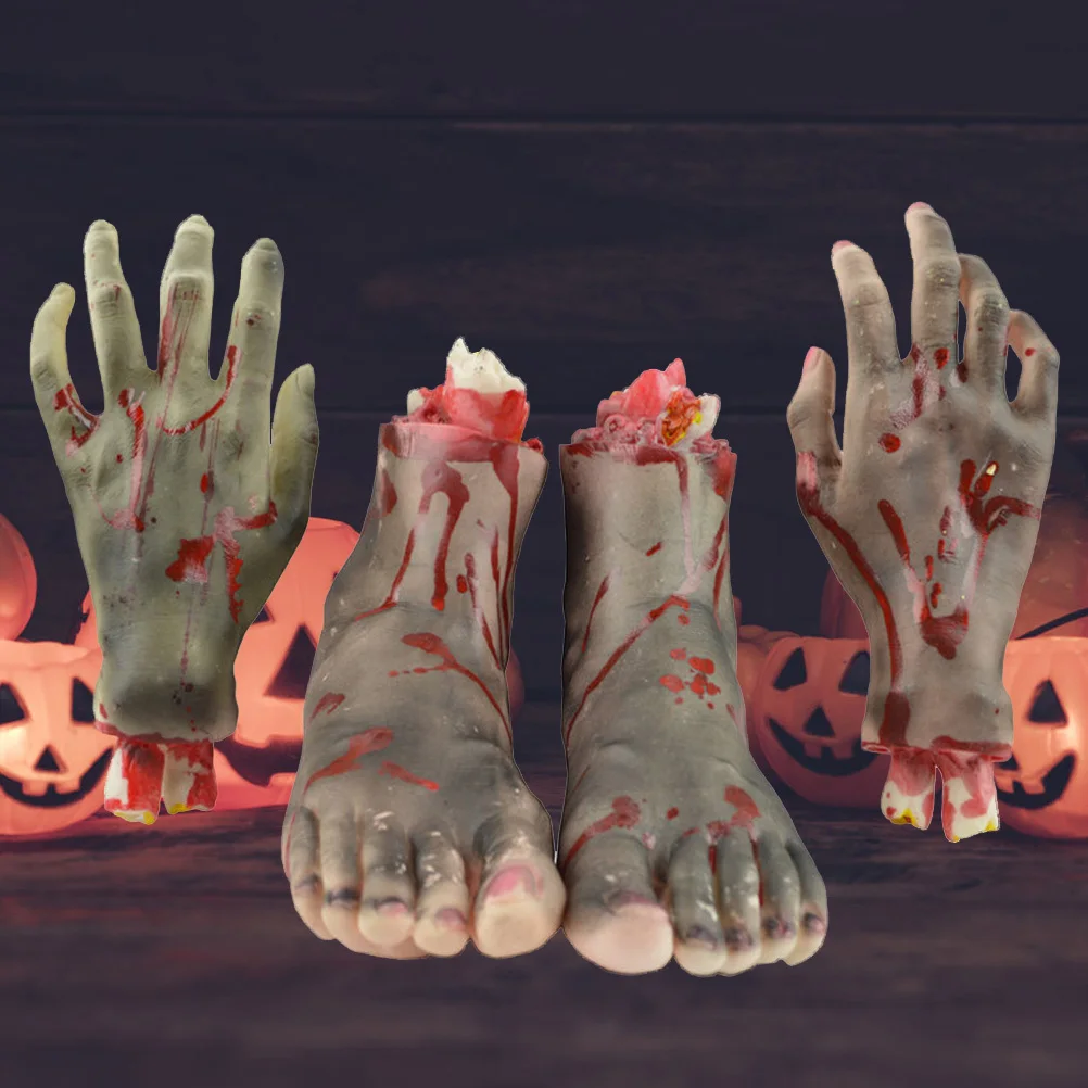 

4Pcs Gory Human Parts Terror Props Detached Hands Feet for Halloween Haunted House Scary Decorations Body Parts Prop