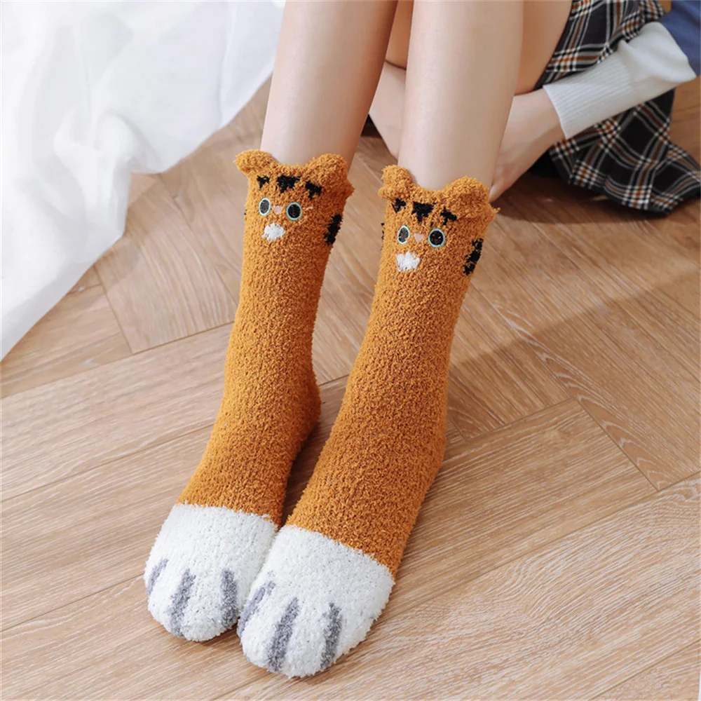 Chaussettes de patte de griffes de chat porte-bonheur pour femmes, plus velours, chaussettes de sourire, optique, Kawaii, chaud, hiver, mignon, sol de couchage, sites à domicile