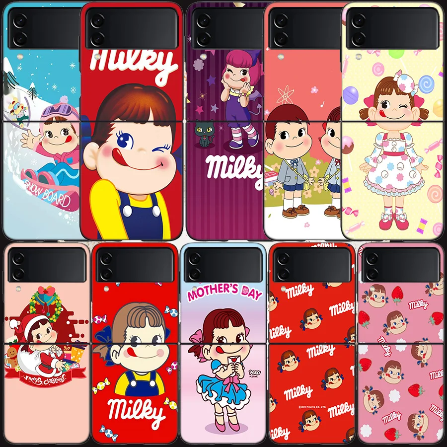 F-Fujiya M-Milky P-Peko C-chan Cartoon Phone Case For Samsung Z Flip 7 6 5G Galaxy Z Flip 5 4 3 Black Hard Cell Cover Luxury PC