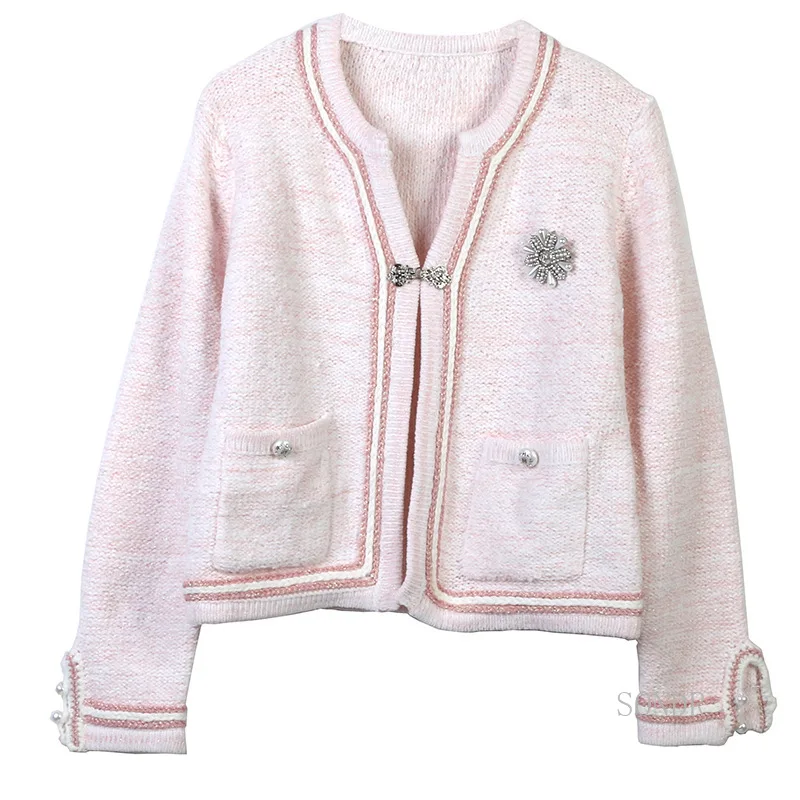 

Chic Pink Cardigan for Women, Long-Sleeved Sweater, V-neck, Knitted Cardigan, Sweater, Outwear, High Fashion, Autumn, 2024