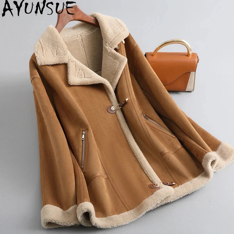 

High-street AYUNSUE 100% Sheep Shearing Jacket Women 2024 Autumn Winter Casual Wool Coats Korean Fashion Fur Coat Abrigos Mujer