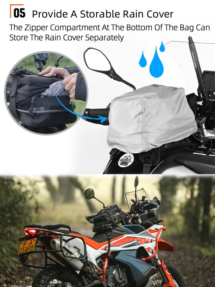 Rhinowalk bolsa para tanque de motocicleta, mochila versátil de 9l com capa de chuva com bolsa de água de 1,5l, sistema molle, multicompartimento universal