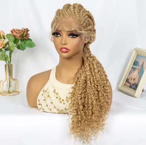 Cornrow Braided Wigs Synthetic Full Lace Cronrow Box Braids Wig Lace Front 27/613 Blonde Synthetic Curly Hair Wig for Women