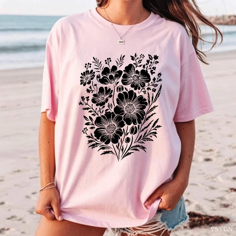 Vintage Pressed Flowers T-Shirt Men Women Floral Tshirt Wildflowers T Shirts Boho Gardener Tshirt Women Ladies Clothing Tops