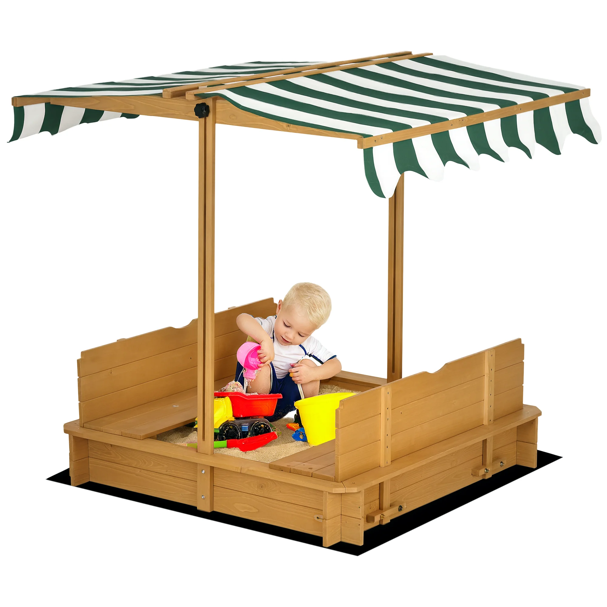 Outsunny kinderzandbak met in hoogte verstelbaar zonnescherm, 2 bankjes en afneembare rugleuningen voor terras 106X106X115 cm naturel