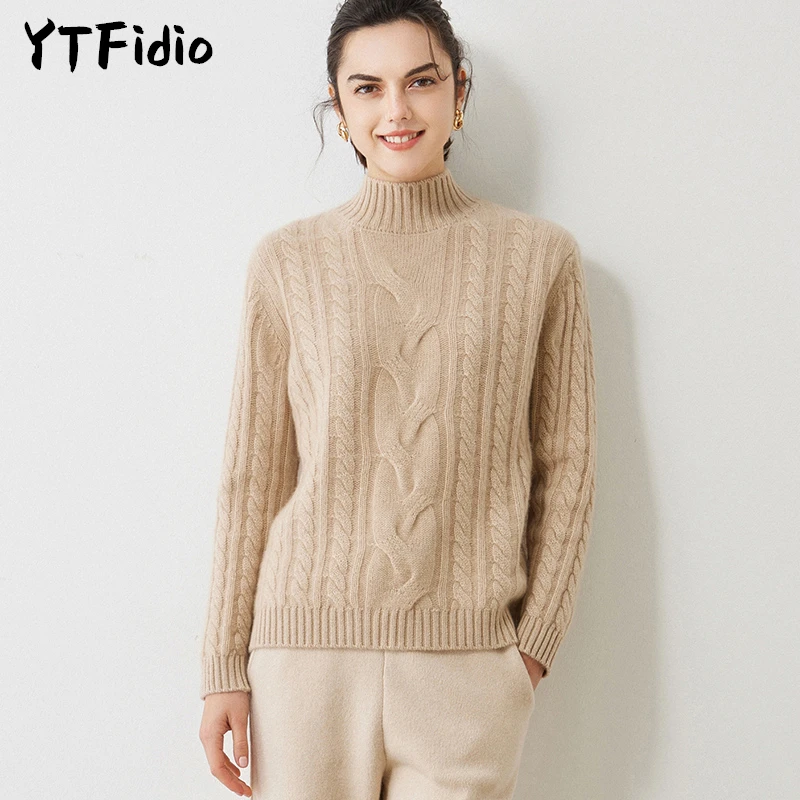 YTFidio 100% Cashmere Women Twisted flower  Soft Warm Streetwear Turtleneck Solid Knitwear Pullover Female Tops 11