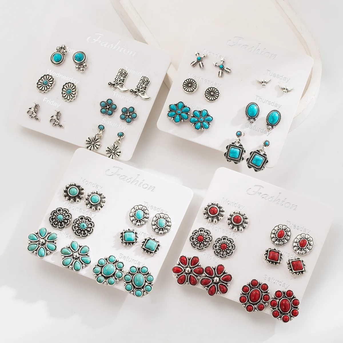 7 Days Monday to Sunday Stud Earrings Set Western Bull Skull Arrow Turquoise Red Stone Ear Jewelry Pack Retro Daily Wear Accent