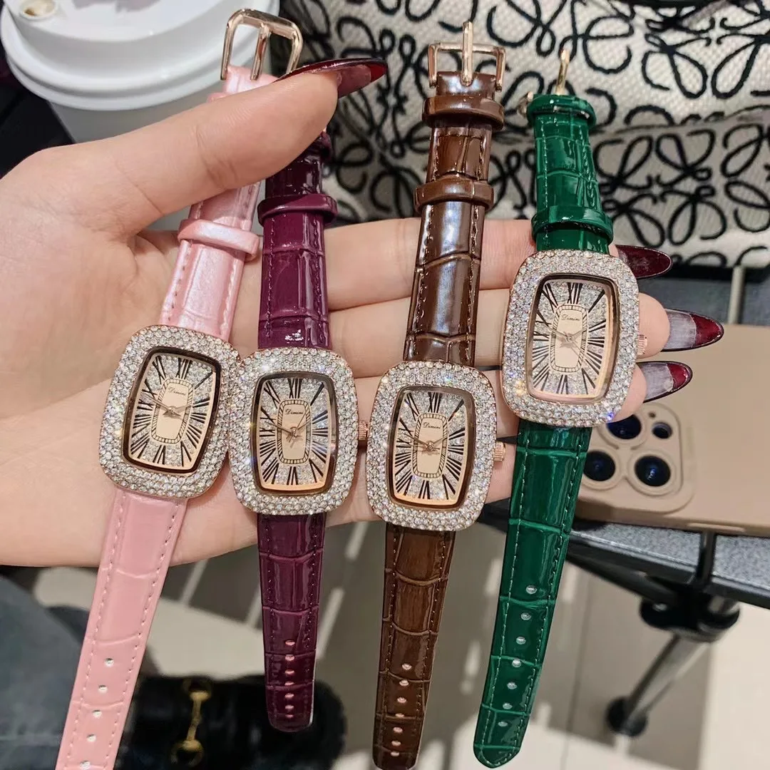 Vintage Square Watches for Women Sparkly Zircons Crystals Wrist watch Water Resistant Leather Strap Watches Roman Retro Relojes